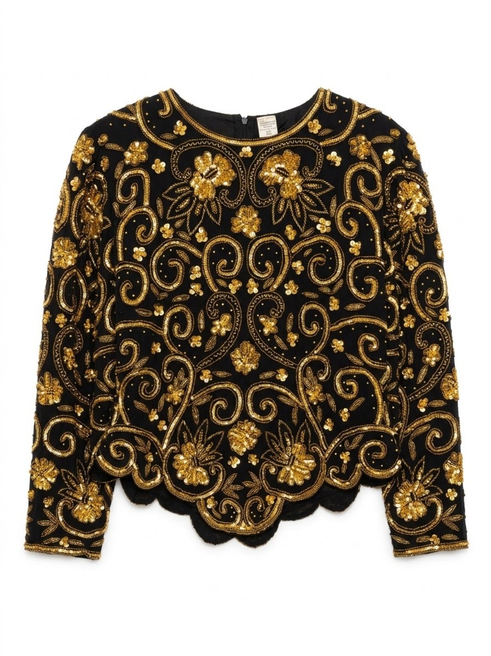 Vintage Laurence Kazar 100% Silk Beaded Blouse Top XXL Black Gold Sequin Evening